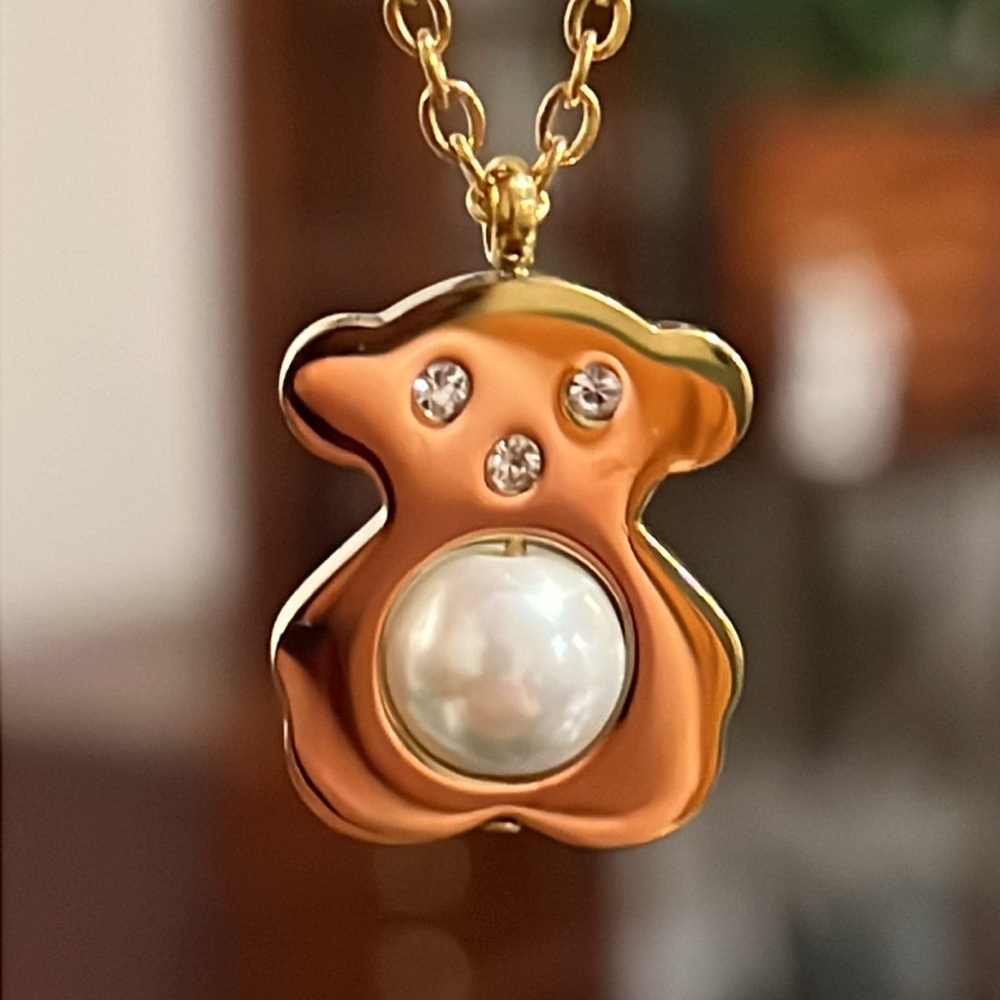 Gold Plated Teddy Bear Spinning Pearl Pendant Necklace - Style of Tous